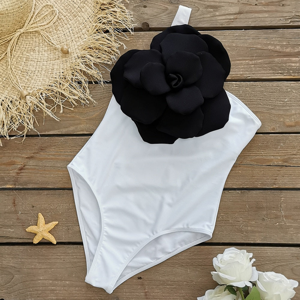 White Black Flower One Piece Swimsuit Swimwear Monokini Bodysuit White Swim Suit Bathing Suit Belt Beach Wear Summer white