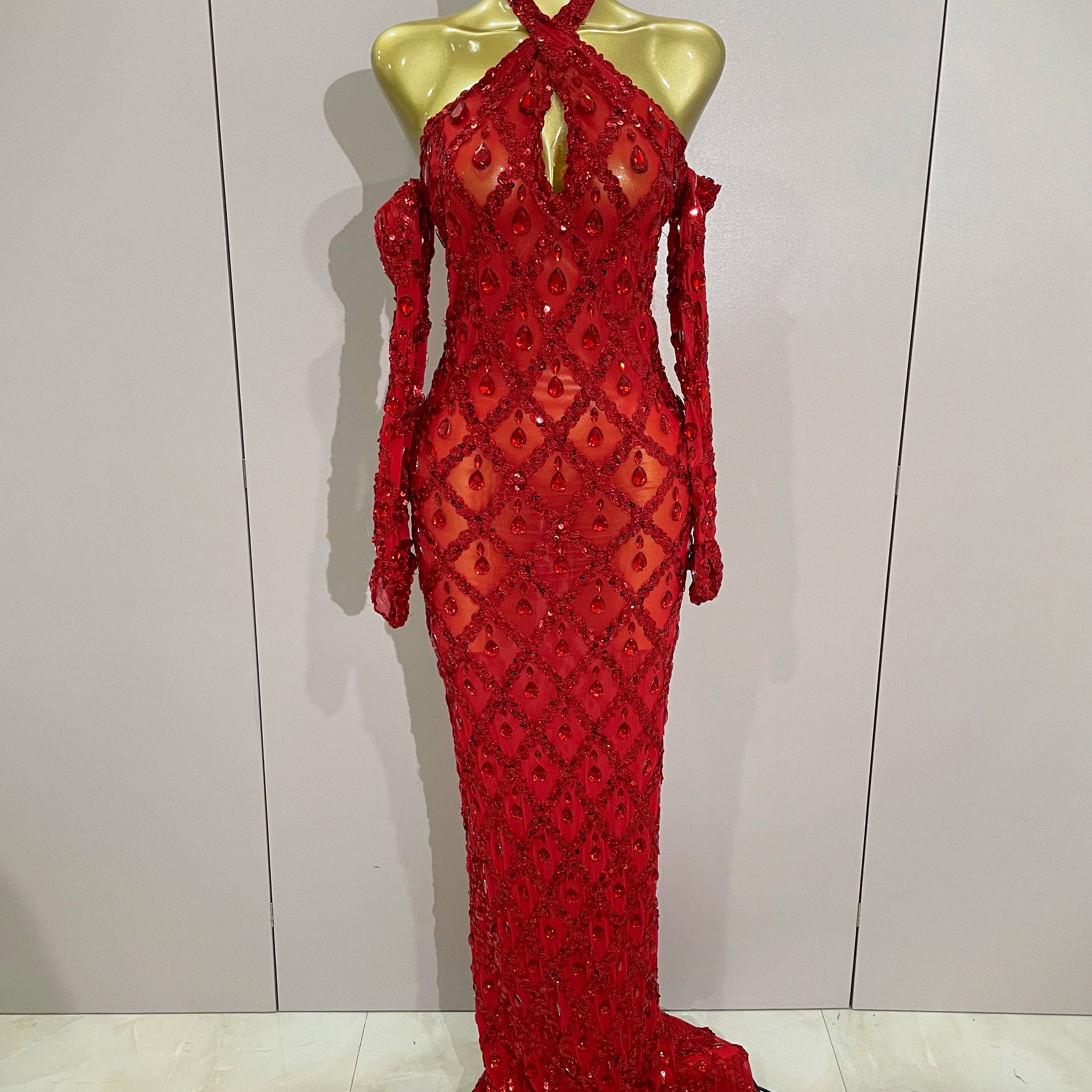 Sexy Sparkly Rhinestones Halter Mesh Long Dress With Gloves 2025 Women Celebrate Evening Wedding Prom Birthday Dress Shoot Wear Red