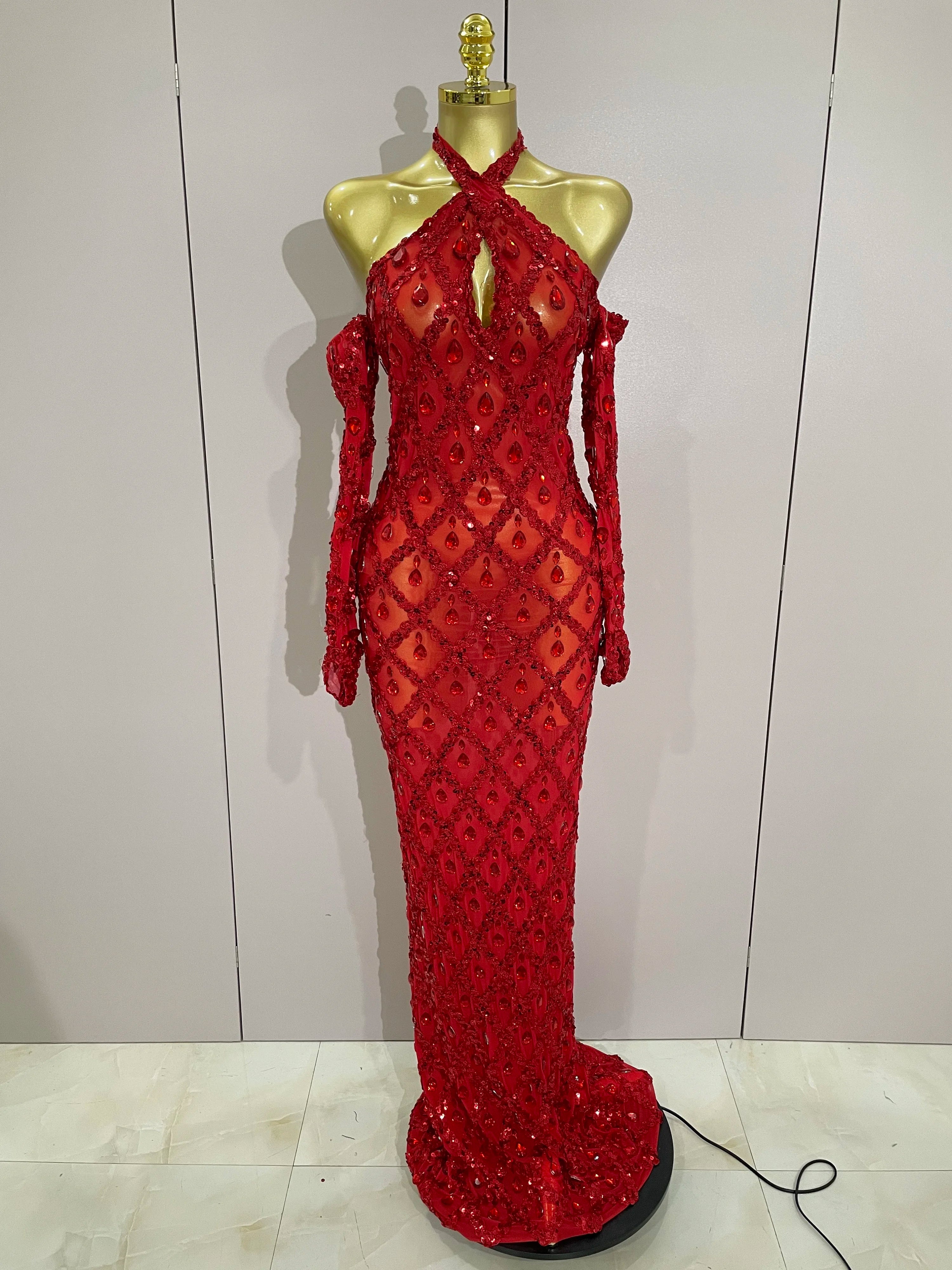 Sexy Sparkly Rhinestones Halter Mesh Long Dress With Gloves 2025 Women Celebrate Evening Wedding Prom Birthday Dress Shoot Wear Red