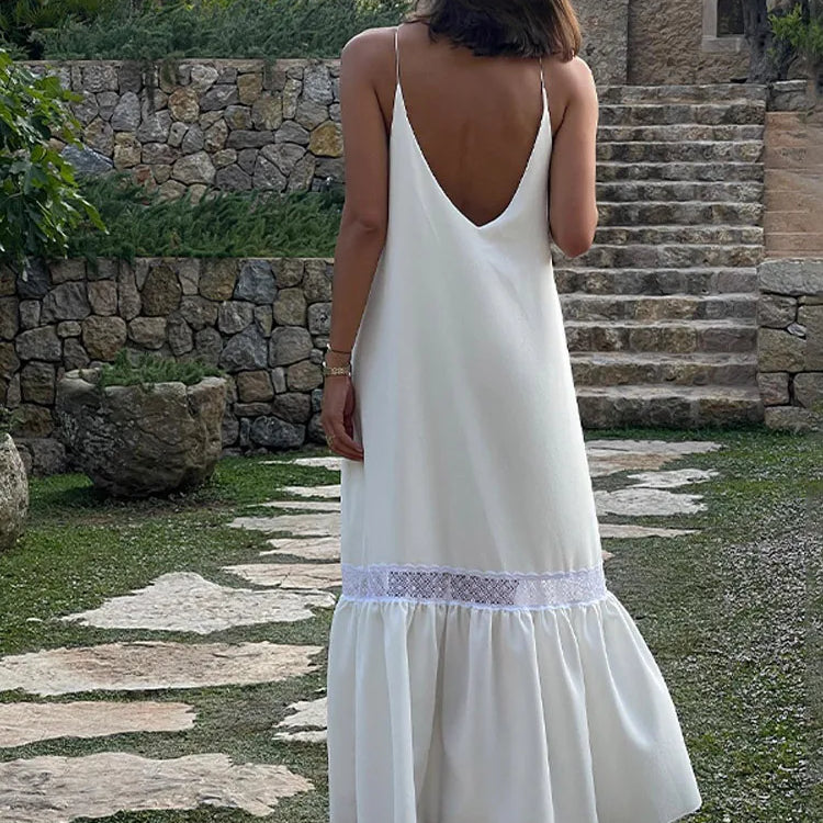 Elegant Women's Backless Satin Maxi Dress Casual Loose V Neck Side Splited Strap Robe 2024 Summer Female Vacation Beach Sundress