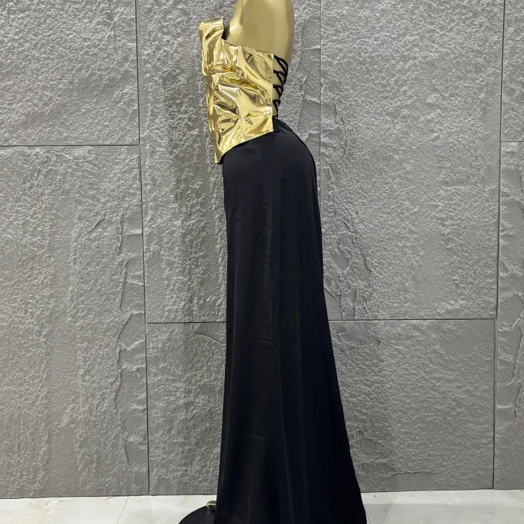 Hot Sale Discount Women Sexy Golden Tops Floor-length Skirt 2 Pieces Straight Dress Elegant Evening Party Celebrate Outfit