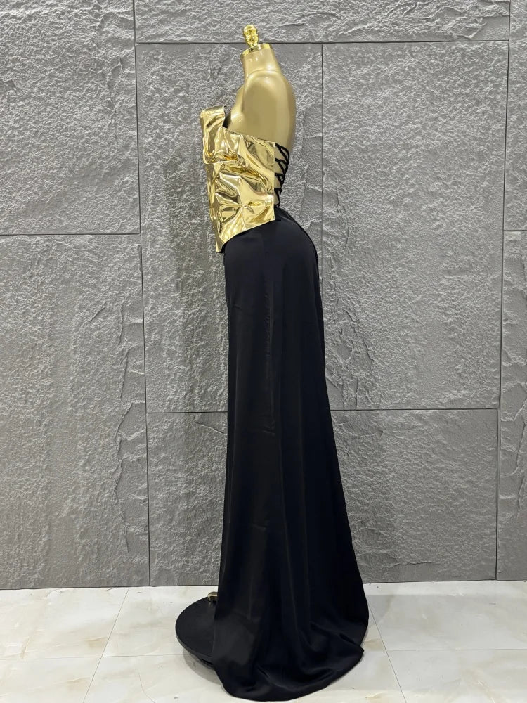 Hot Sale Discount Women Sexy Golden Tops Floor-length Skirt 2 Pieces Straight Dress Elegant Evening Party Celebrate Outfit