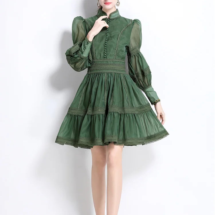 Autumn Elegant Hollow Out Embroidery Lace Splice Mini Dress Women's Stand Lantern Sleeve Buttons Evening Party Robe Vestidos dark green