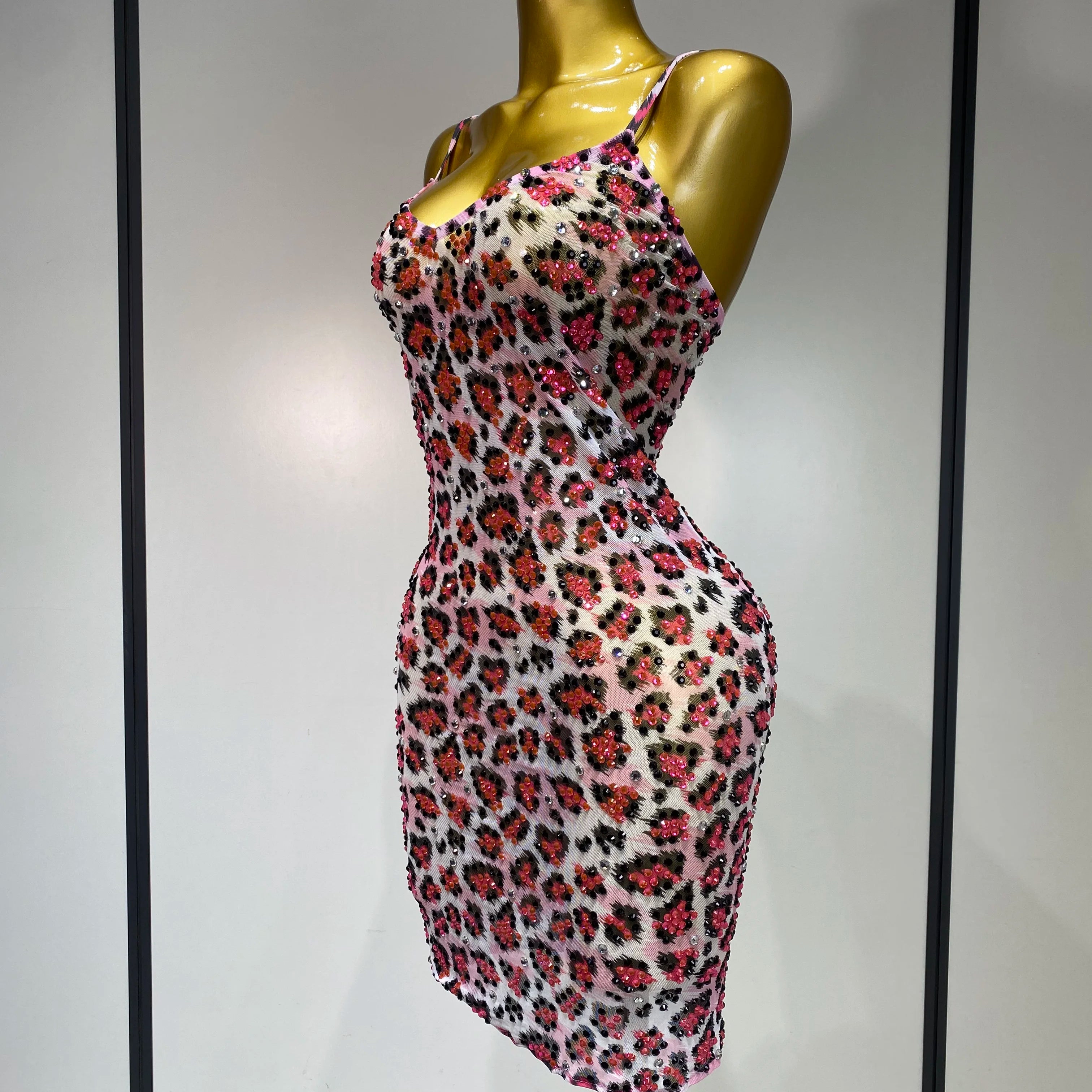 Sparkly Gold Rhinestone Transparent Sleeveless Mini Dress Evening Birthday Celebrate Party Nightclub Dance Performance Outfit