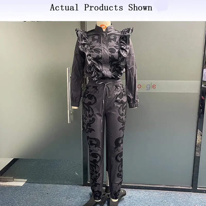 Women Two Piece Set 2024 Autumn Fashion Office Printed Long Lantern Sleeve Zipper Top Drawstring Lace Up Pants Sets