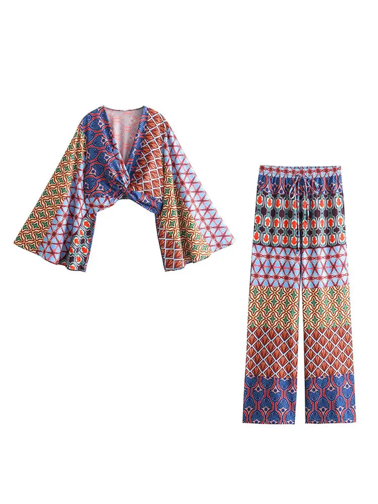 Fashion Vintage Print Long Flare Sleeve Top Wide Leg Pants Suit Elegant Women V Neck Crop Tops Elastic Waist Trousers Set Outfit Suit
