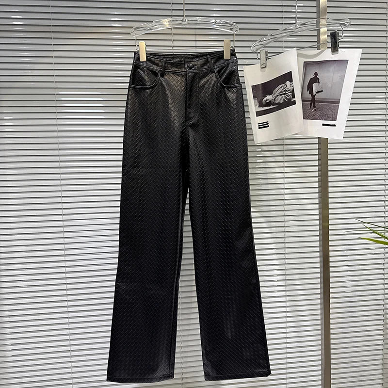 Winter New Fashion Plaid PU Leather Design Straight Pants For Women Black High Waist Streetwear Casual Pant 11A07828 Black