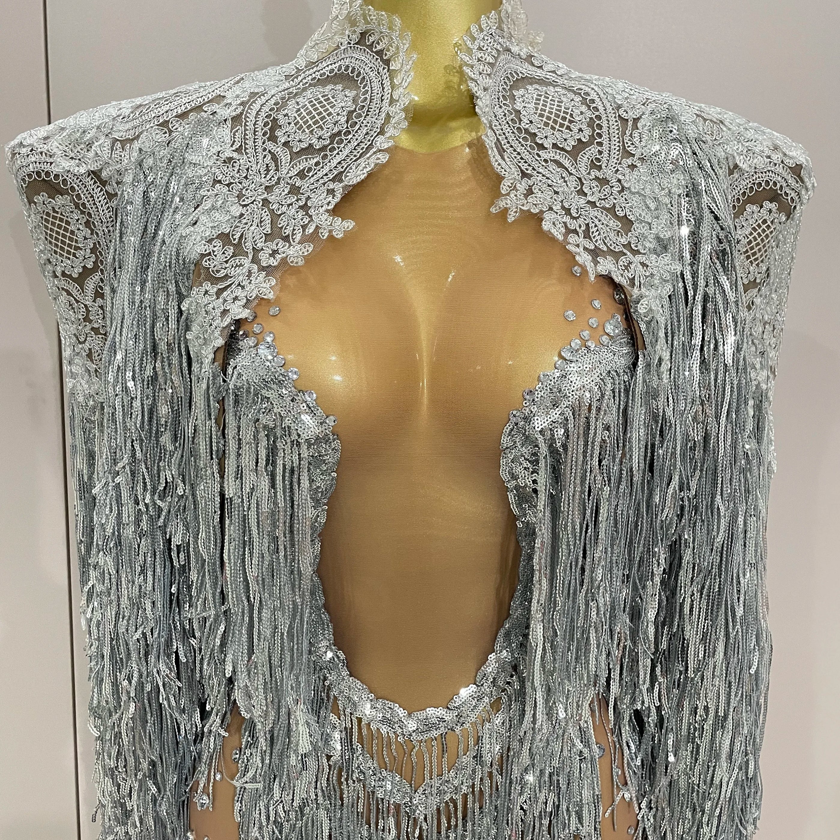 Luxury Sparkly Rhinestone Sequin Tassel Coat Skirt 2Pcs Women Birthday Party Nightclub Stage Performance Costume