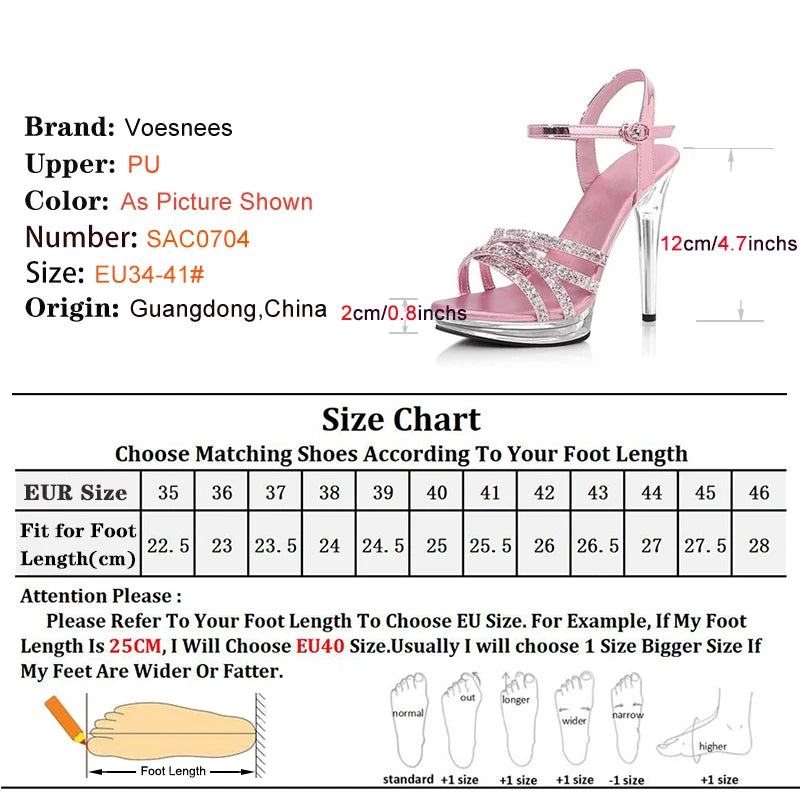 Silver Stiletto Ladies Sandals 12CM Shiny Narrow Band High Heels Large Size Elegant Women Sandalies Summer Wedding Bride Shoes