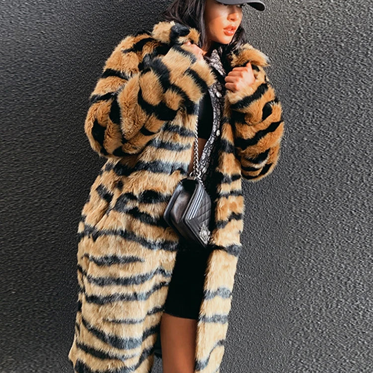 Winter Long Warm Thick Leopard Faux Fur Coat Women Tiger Print Loose Luxury Fluffy Clothing Female Thicken Plush Overcoat
