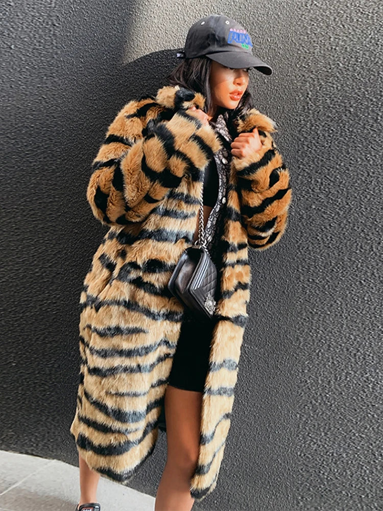 Winter Long Warm Thick Leopard Faux Fur Coat Women Tiger Print Loose Luxury Fluffy Clothing Female Thicken Plush Overcoat