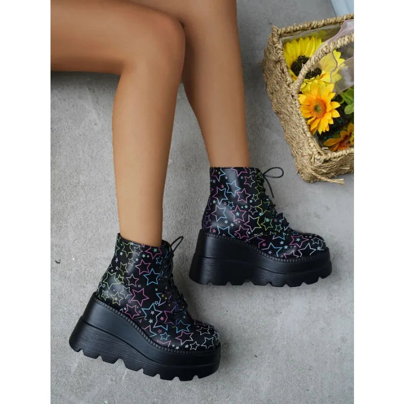 Winter Women's Gothic Platform Ankle Boots Fashion Wedge Lace Up High Heels Women's Boots Street Fashion Women's Shoes