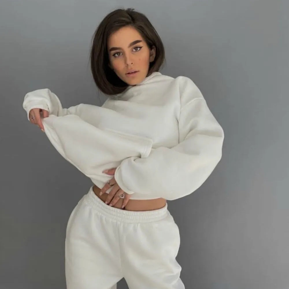 Fashion Women's Sports Two-Piece Autumn Hooded Long-Sleeved And Baggy Pants Fitness Set Solid Color Lady 2-Piece Suit Outfits WHITE