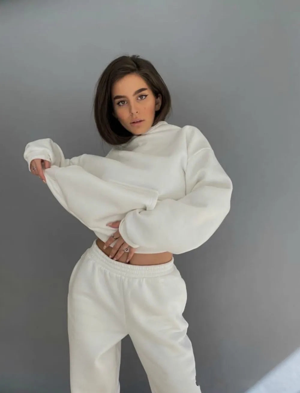 Fashion Women's Sports Two-Piece Autumn Hooded Long-Sleeved And Baggy Pants Fitness Set Solid Color Lady 2-Piece Suit Outfits WHITE