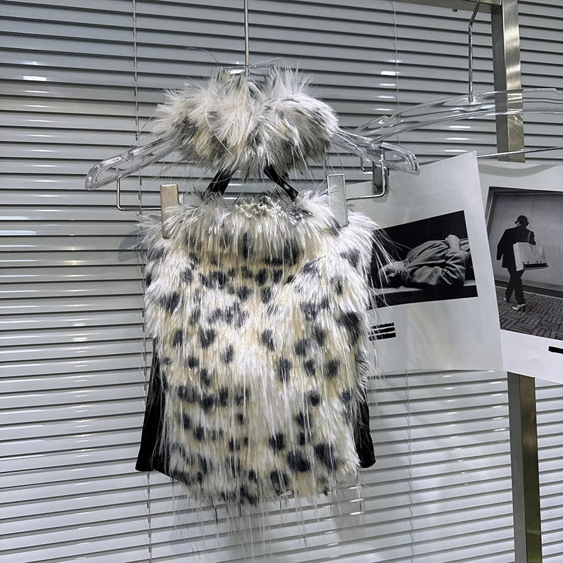 Winter New Fashion Leopard Print Contrast Color Fur Patchwork Backless Camisole For Women Halter Neck Vest 11A07607