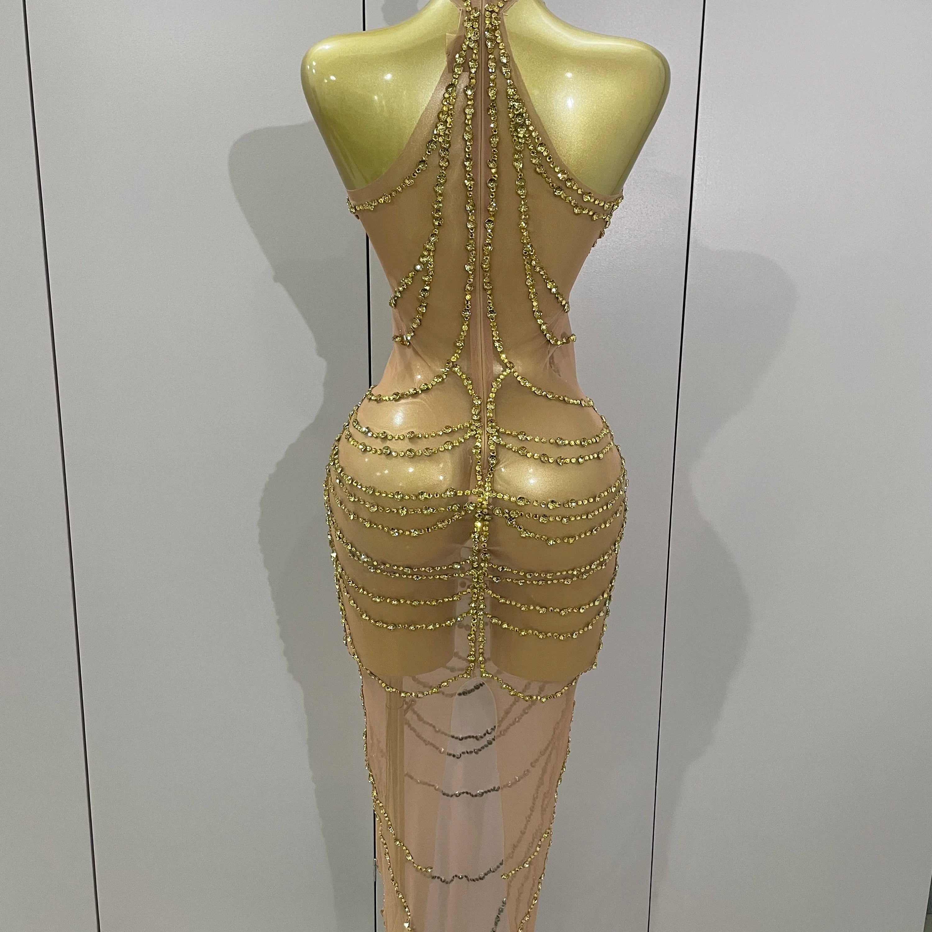 Luxury Sparkly Gold Rhinestone Sexy Transparent Mesh Long Dress 2025 Women Birthday Party Gown Stage Singer Performance Costume