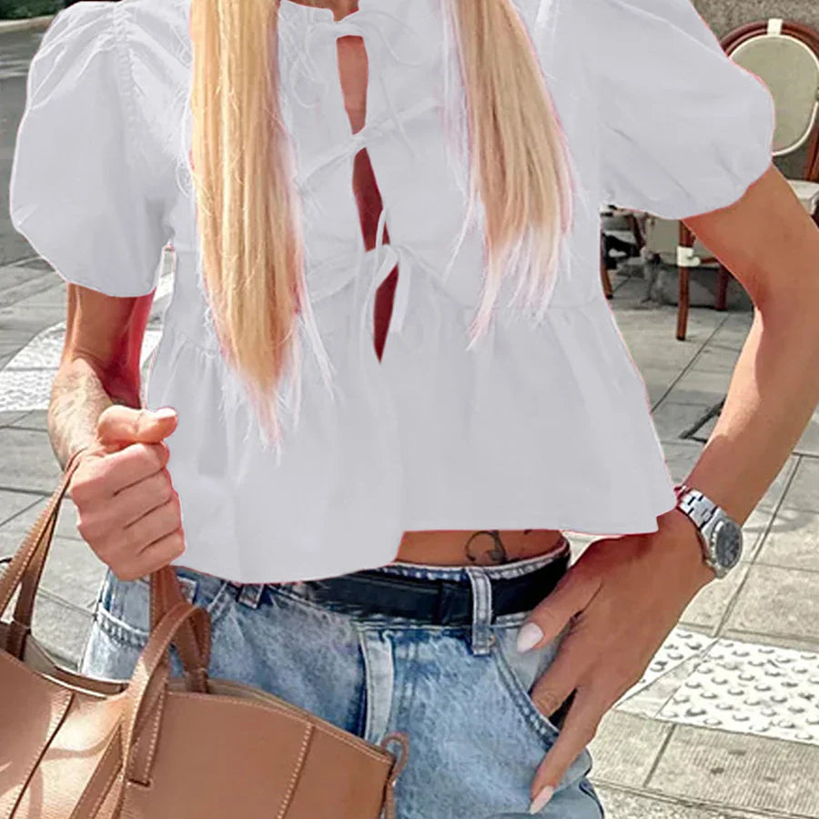 wsevypo Chic Summer Babydoll Shirts Solid/Stripe Short Women's Puff Sleeve Round Neck Tie-Up Front Peplum Blouses Top for Street