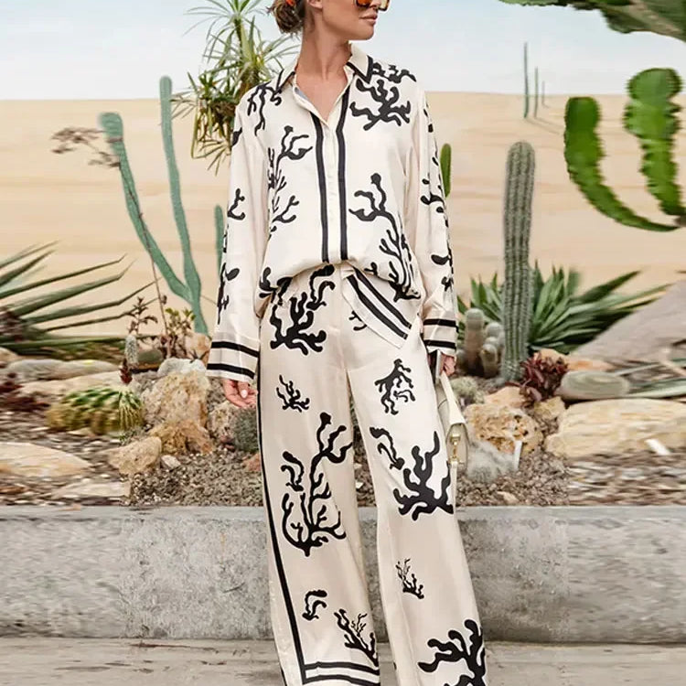 Elegant Women Print Loose Shirt Pants 2 Pieces Set Chic Lapel V Neck Long Sleeve Blouse Straight Pant Suit Casual Lady Outfits
