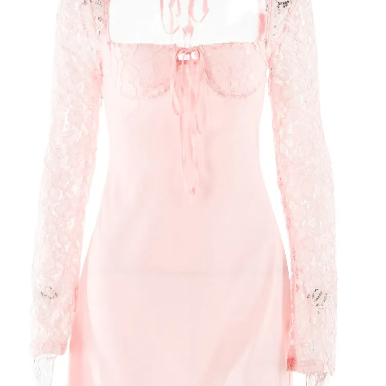 JULISSA MO Fashion Lace Patchwork Long Sleeve Bangage Backless Mini Dress For Women Spring Sexy Slim Fit Party Clubwear New