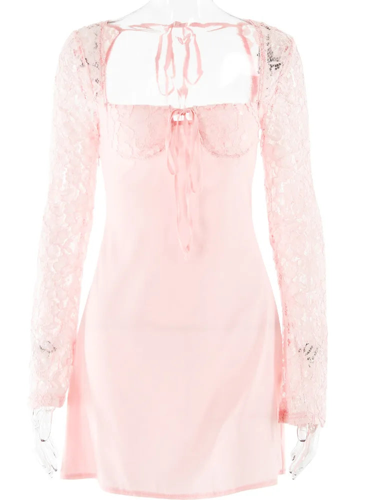 JULISSA MO Fashion Lace Patchwork Long Sleeve Bangage Backless Mini Dress For Women Spring Sexy Slim Fit Party Clubwear New