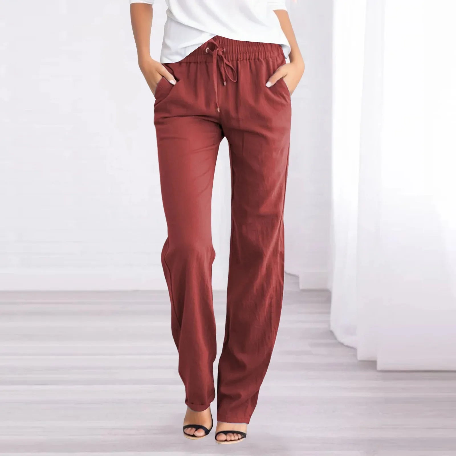 Solid Casual Straight Pants Elastic Waist Drawstring Long Pants Loose Daily Versatile Women Pants Retro Women Casual Trousers Wine