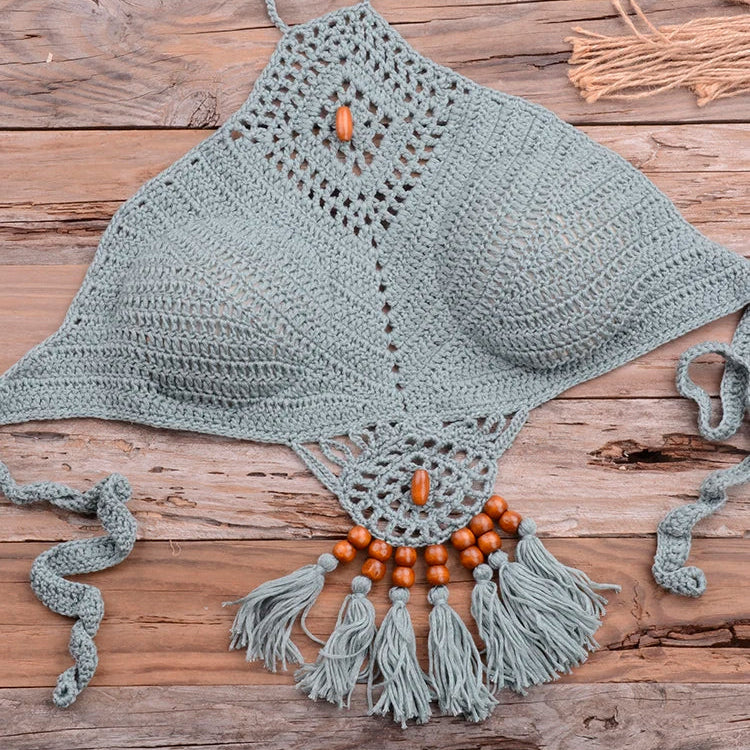 Bikini 2022 knitting Swimsuit Crochet Bikini Bohemia Style Off Shoulder High Neck Bathing Beach Bikinis Handmade Crochet Bikini Lake Green Top