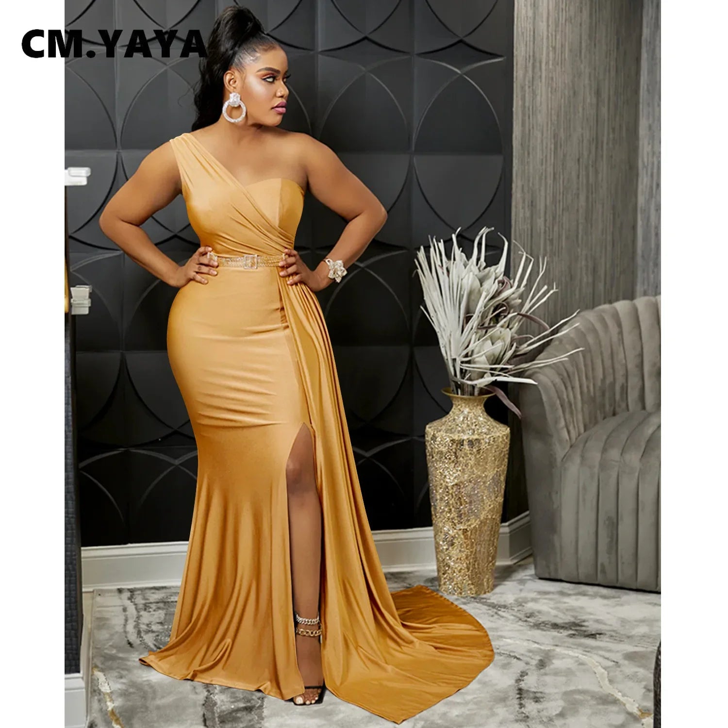 CM.YAYA One Shoulder Skew Neck Tassel Side Floor Length Mermaid Long Maxi Dress Women 2022 Sexy Party Club Even Prom Dresses Yellow