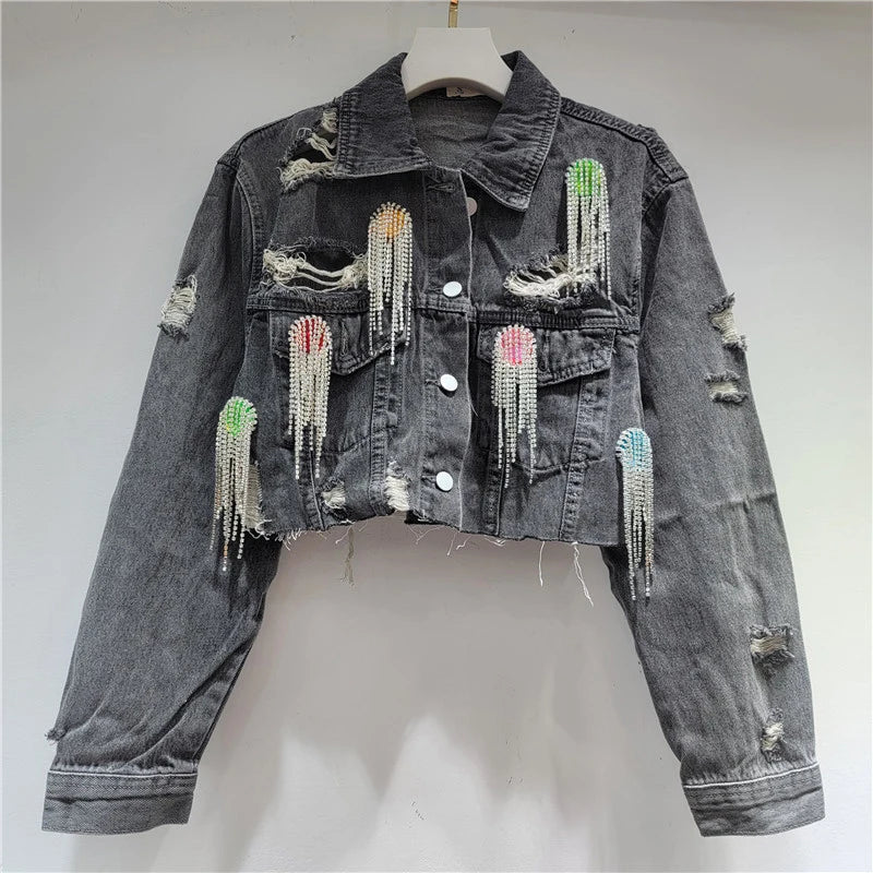 Autumn Winter New Fashion Colorful Rhinestone Tassel Distressed Denim Jacket For Women Short Skirt Female 11A07618 only coat