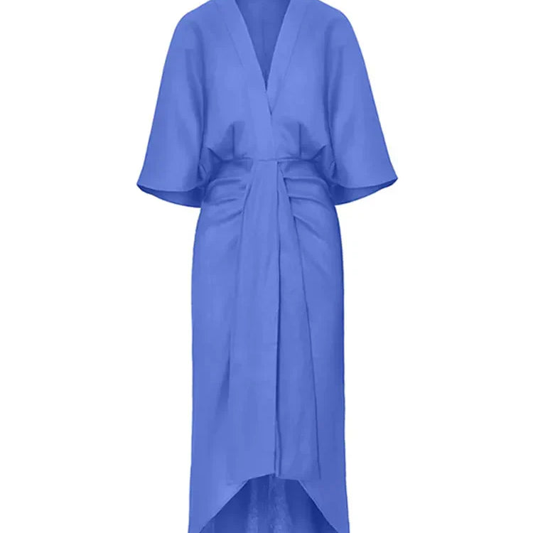 Women Chic Solid Long Flare Sleeves Pleated Midi Dress Casual Loose V-neck Irregular Hem Vestidos Spring Lady Elegant Robes Blue
