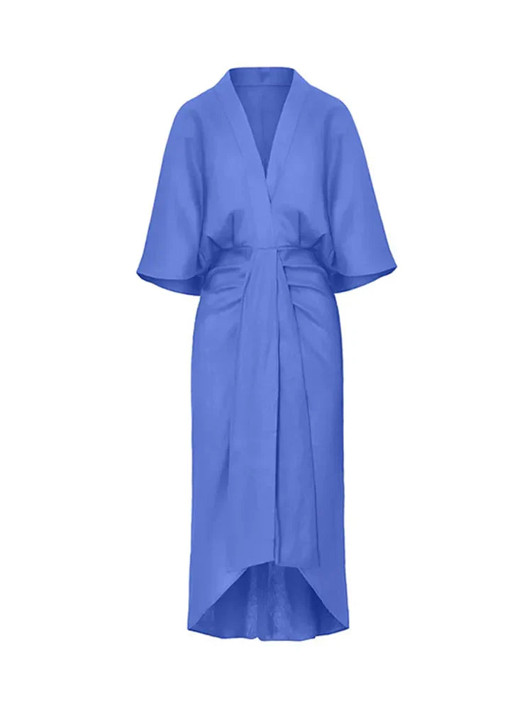 Women Chic Solid Long Flare Sleeves Pleated Midi Dress Casual Loose V-neck Irregular Hem Vestidos Spring Lady Elegant Robes Blue
