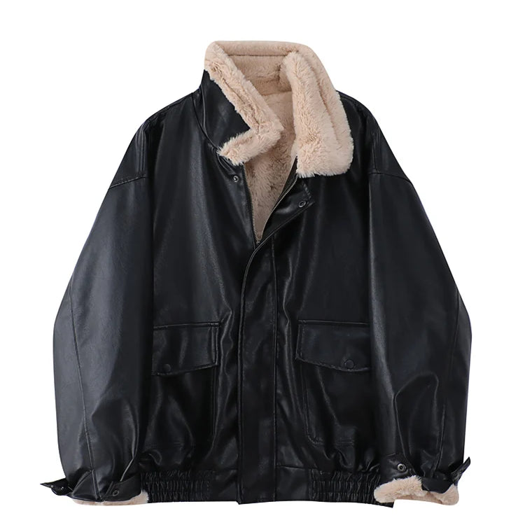 Winter Women's Fur Leather Jacket Long Sleeved Loose Warm Lamb Wool Vintage Thickened Locomotive Lapel Female PU Motorcycle Coat Black One Size