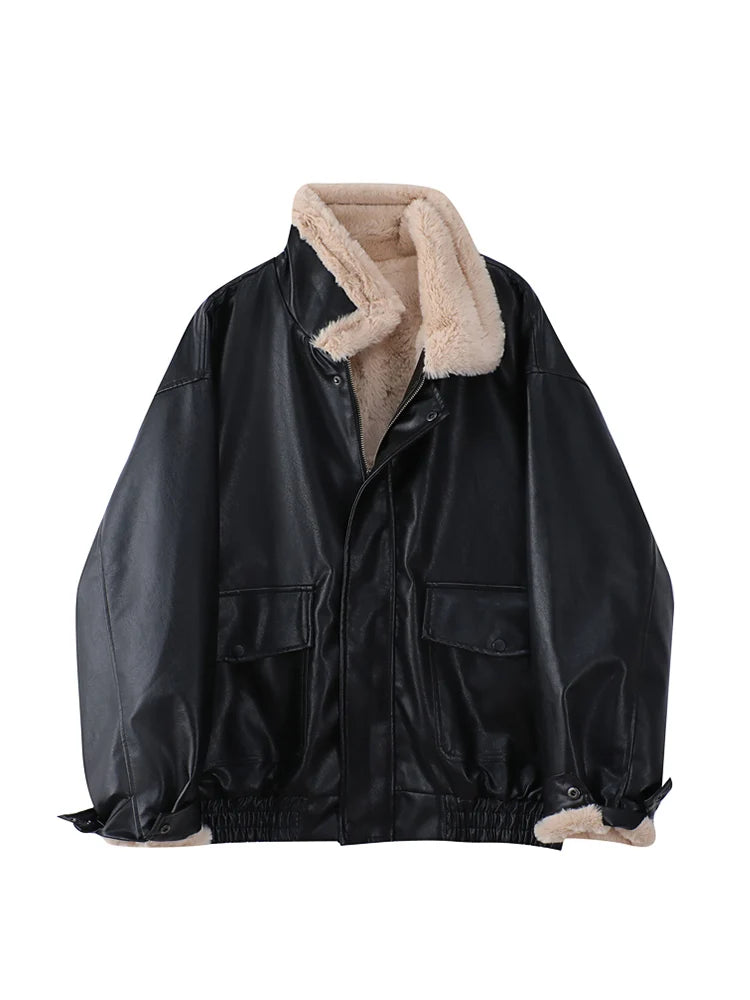Winter Women's Fur Leather Jacket Long Sleeved Loose Warm Lamb Wool Vintage Thickened Locomotive Lapel Female PU Motorcycle Coat Black One Size
