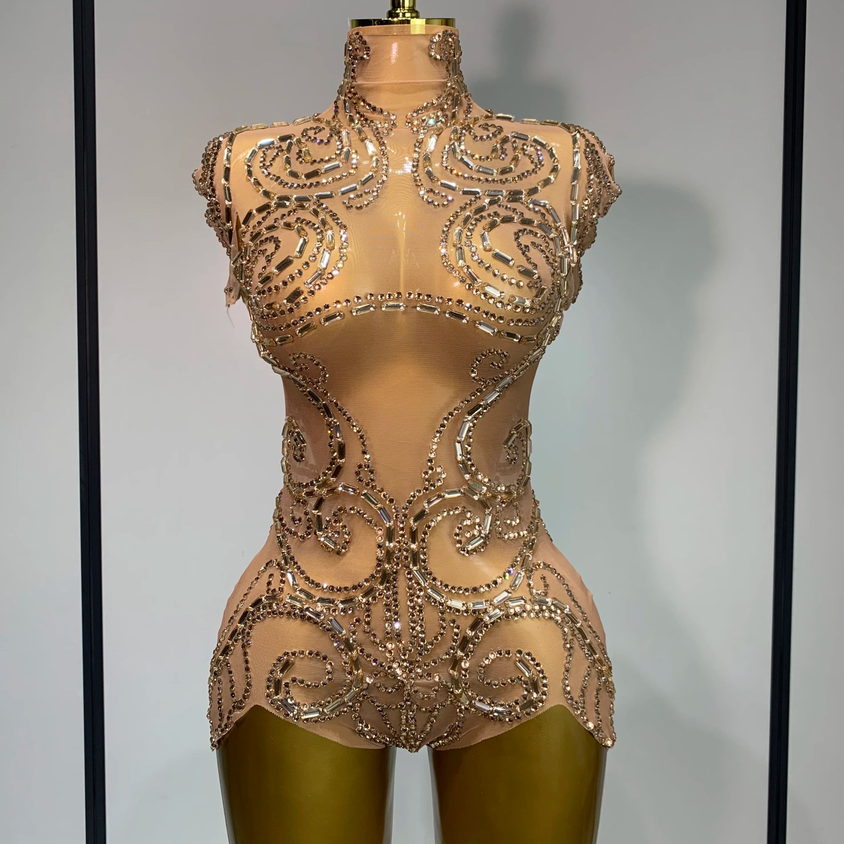 Shining Rhinestone Bodysuit Sexy Mesh See Through Dancer Birthday Evening Party Celebrate Performance Nightclub Stage Outfit Gold