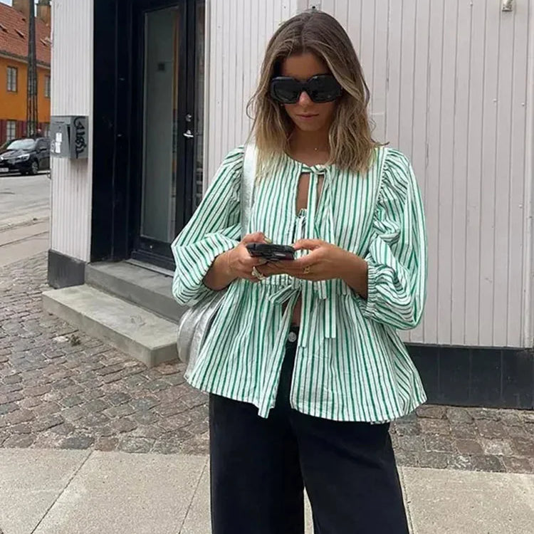Elegant Striped Lace Up Women Shirts Chic Bow Puff Sleeve O-neck Hollow Out Female Blouses Spring Summer Casual Streetwear