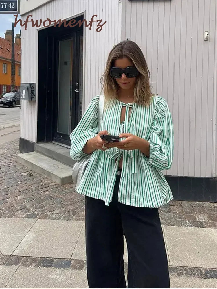 Elegant Striped Lace Up Women Shirts Chic Bow Puff Sleeve O-neck Hollow Out Female Blouses Spring Summer Casual Streetwear