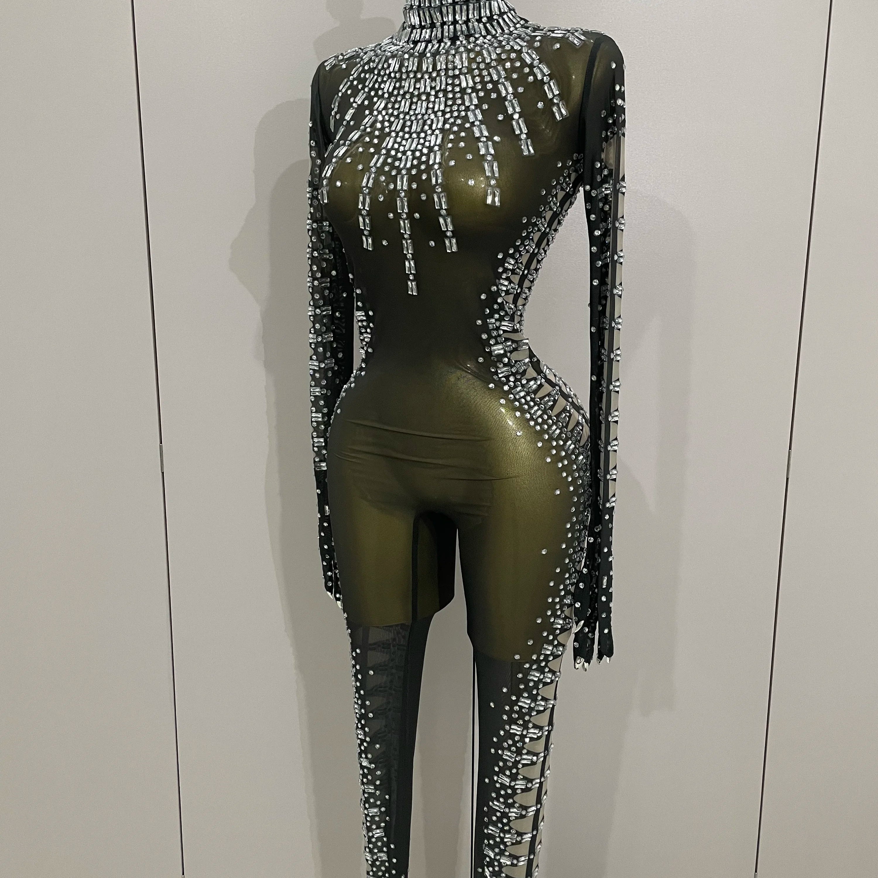 Sexy Sparkly Crystals Black Mesh Jumpsuit With Gloves 2025 Women Celebrate Birthday Party NightClub Singer Dance Stage Costumes