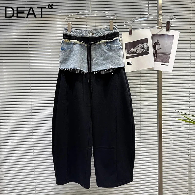 Winter New Fashion Frayed Denim Skirt Patchwork Design Fleece Lined Scimitar Pants For Women Casual Pant 11A07715