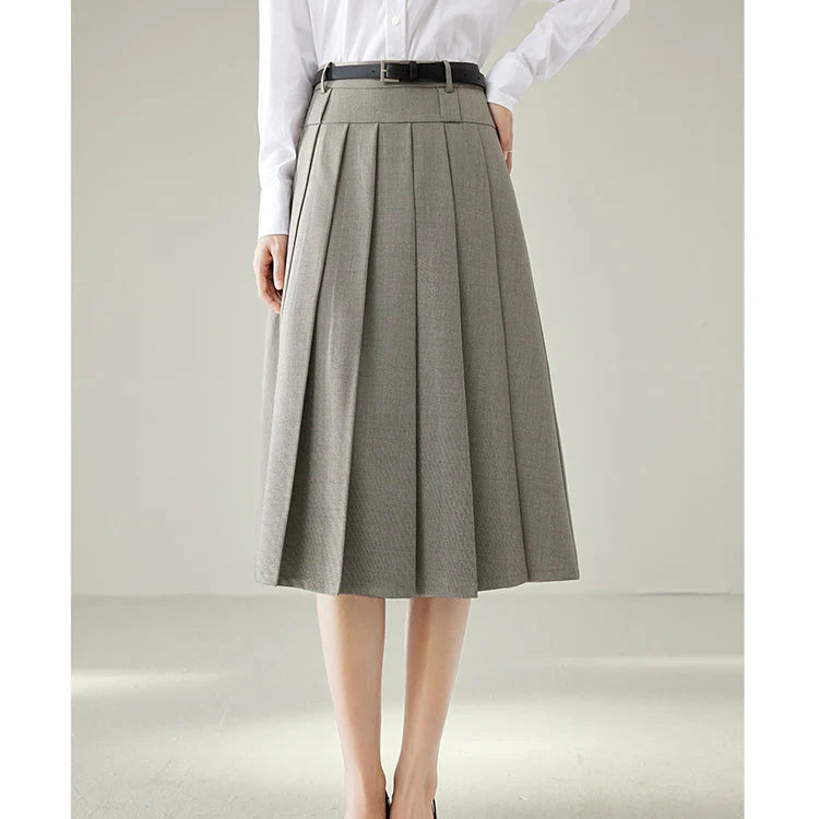 Vimly Elegant Work Flared Pleated Skirts for Women 2023 Fall Fashion Office Lady Woman Autumn A Line Midi Skirt Clothes M2935 oatmeal