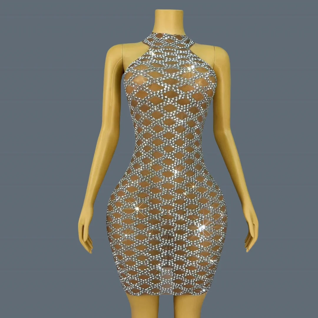 Women High-end Silver Crystals Mini Dress Sparkly Chic Ball Dress Sheer Mesh Sleeveless Birthday Party Sexy Dress linggejiaodian as shown