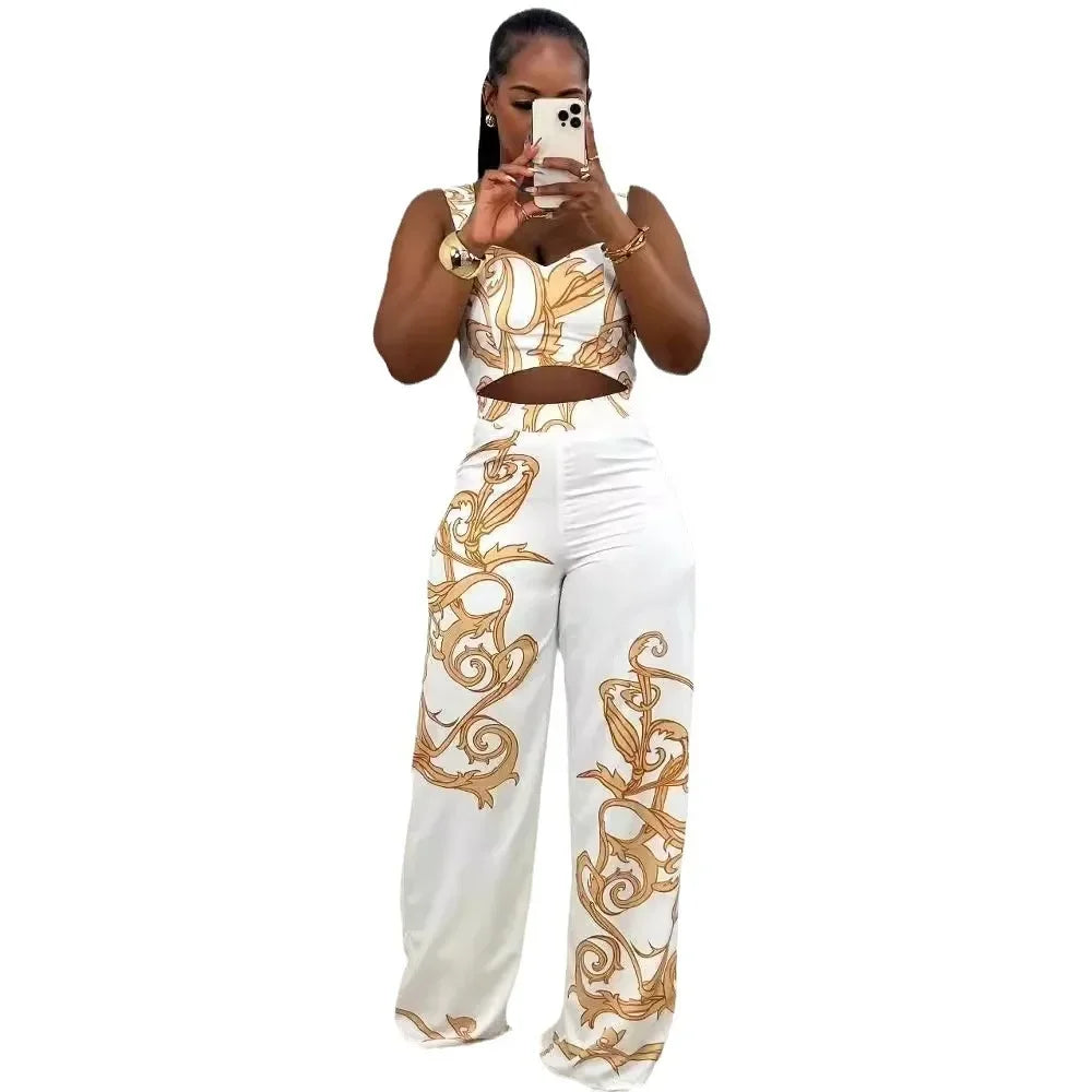 2024 Summer Women's Set Sleeveless Strapless Tops +Wide Leg Pants Print Party Street Two 2 Piece Sets Outfits Tracksuit Khaki