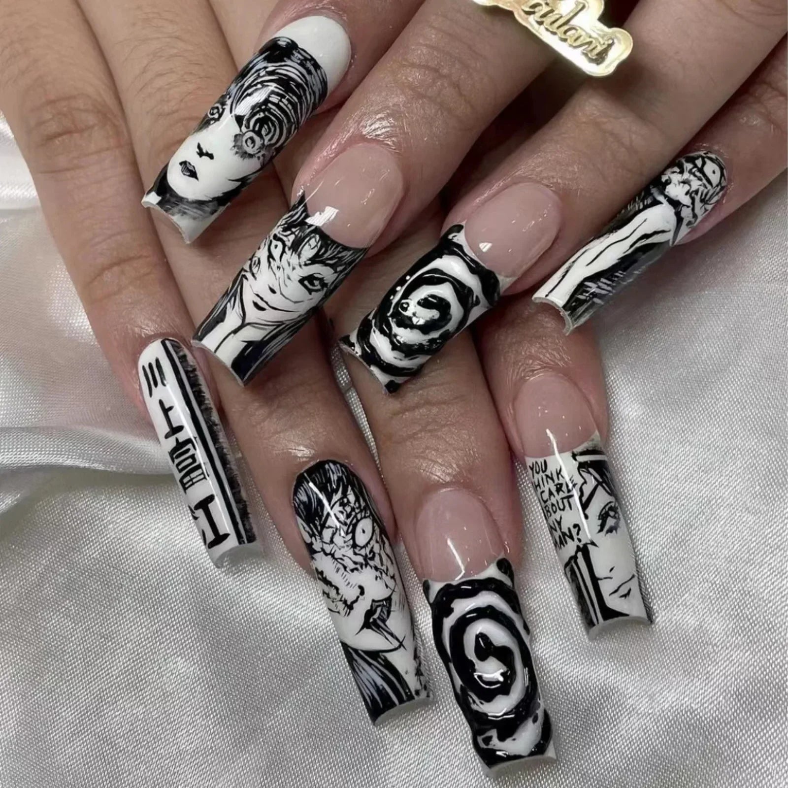 French Tips Press on Nails Long Fake Nails Black White Anime Comics Design Full Cover Punk Acrylic Artificial False Nails 24PCS A558