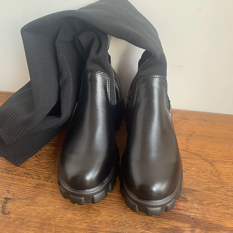 Women's Cotton Boots Winter Autumn Over The Knee Long Tube Leather Knitted Stitching Boots Fashion Female shoes