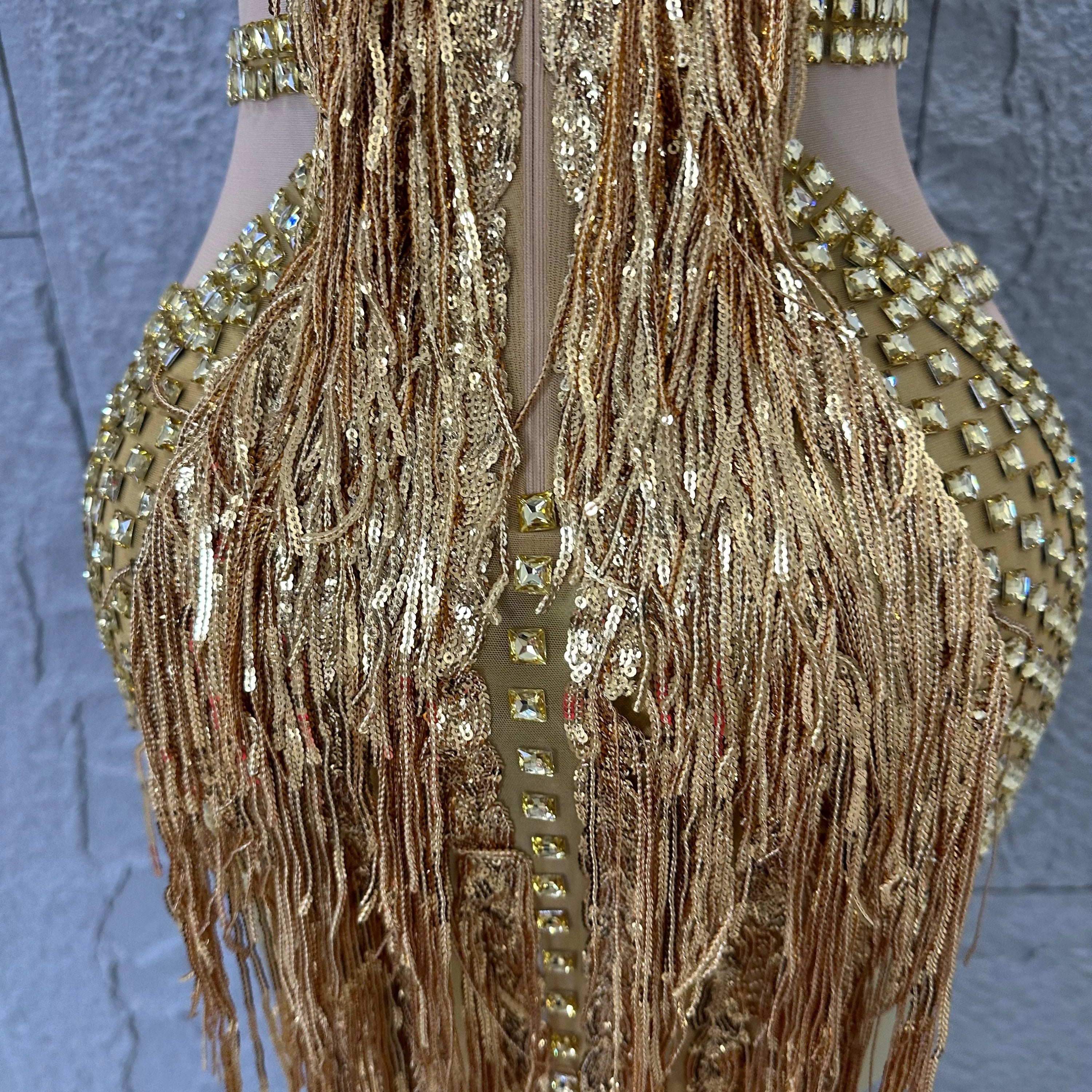 Opulent Gold Halter Neck Mini Dress Women Sexy Crystal Embellished Fringe Trim Form-Fitting Outfit Formal Event Party Costume
