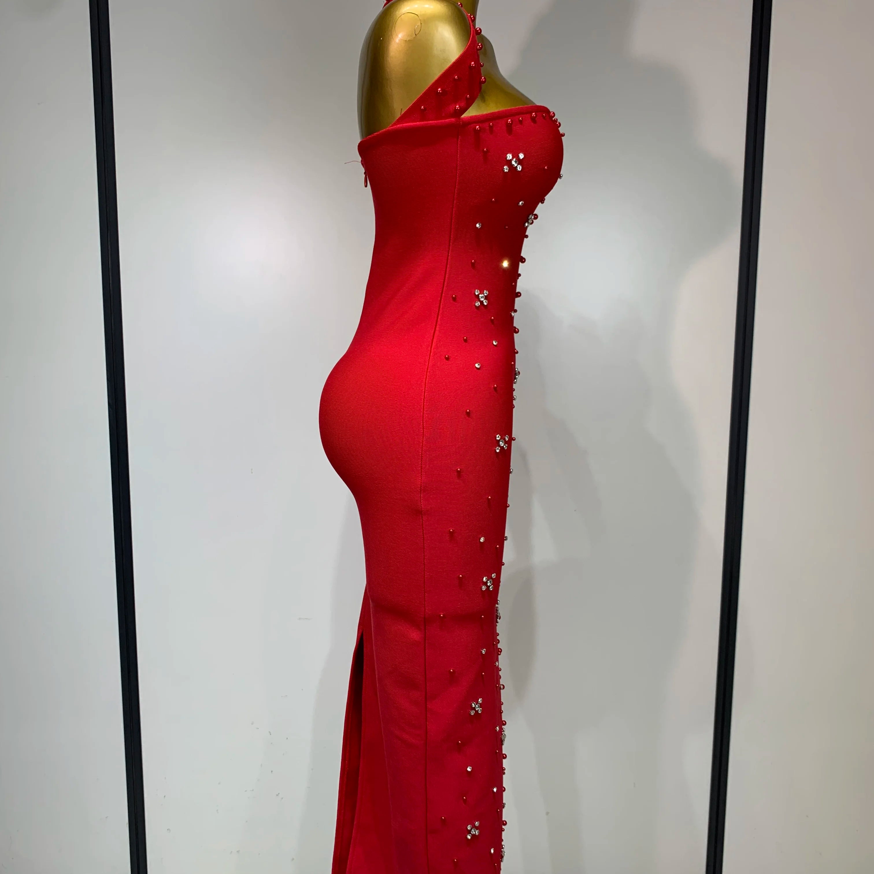 Women Sexy Halter Backless Shiny Rhinestone Pearl Bodycon Bandage Dress Celebirty Elegant Evening Party Luxury Birthday Dress