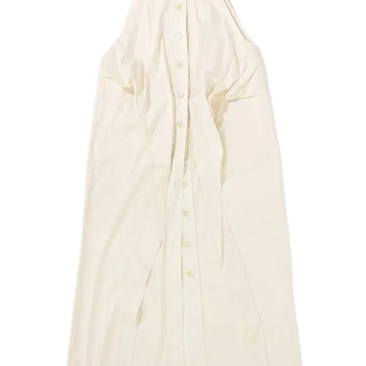 DEAT Fashion Women's Dress Round Collar Sleeveless Single Breasted Lace-up Solid Color Slim Dresses Spring New Tide 7AB3831 Beige