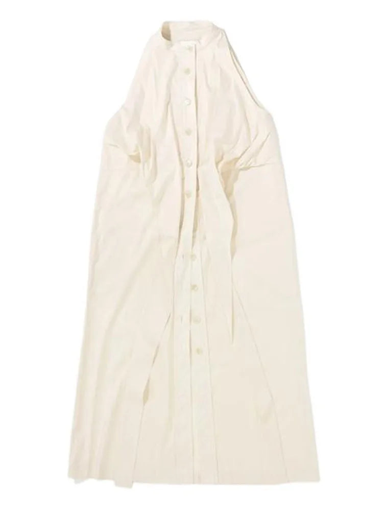 DEAT Fashion Women's Dress Round Collar Sleeveless Single Breasted Lace-up Solid Color Slim Dresses Spring New Tide 7AB3831 Beige