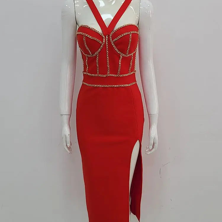 Ailigou Brand New Red Chain Sleeveless V-Neck Tight Midi Bandage Dress Tights Celebrity Club Party Dress Vesidos