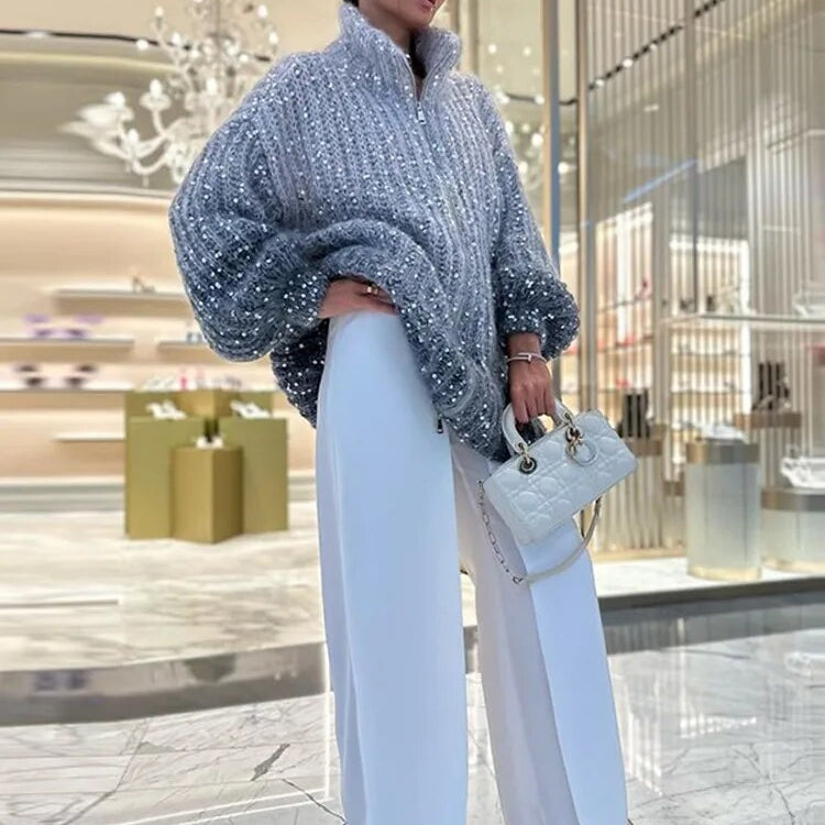 Sequin Knitted Women's Sweater Autumn Bishop Sleeve Zippers Loose Casual Sweaters Female 2024 Lady Stand Collar Outerwear
