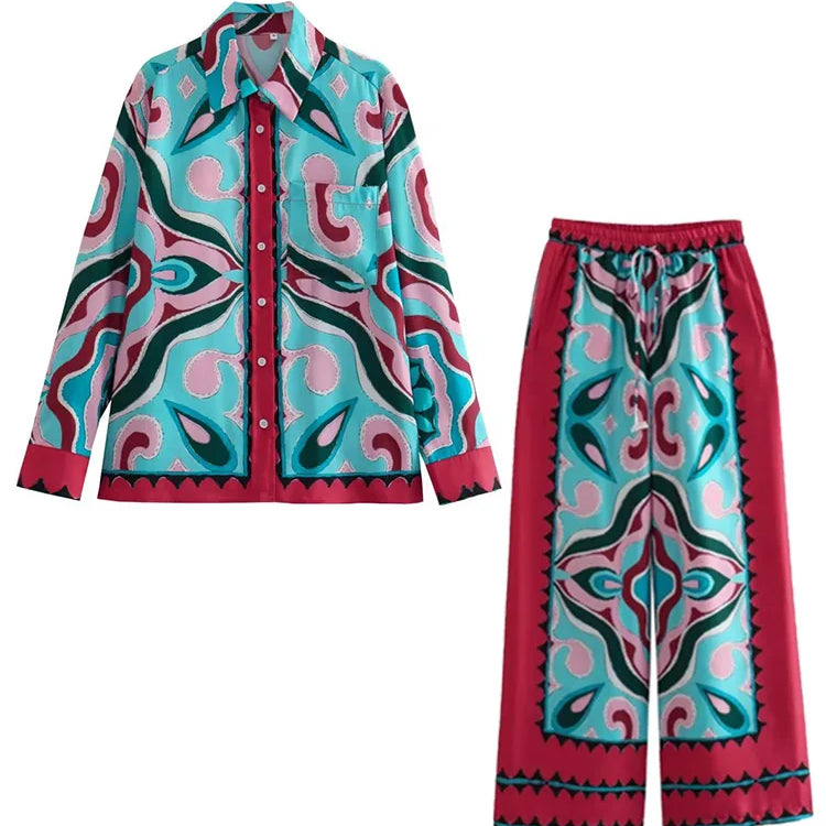 BlingBlingee Summer Printed Women Wide Pants Satin Suits Traf Asymmetric Sleeveless Strapless Crop Top Female Sets Y2K Top-Pants Sets