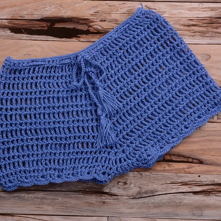 Crochet Hollow Out Tassel Beach Cover Up Sexy Women Mini Tops Beachwear Bikini Swimwear Bathing Suit Cover Up Blue Bottom One Size